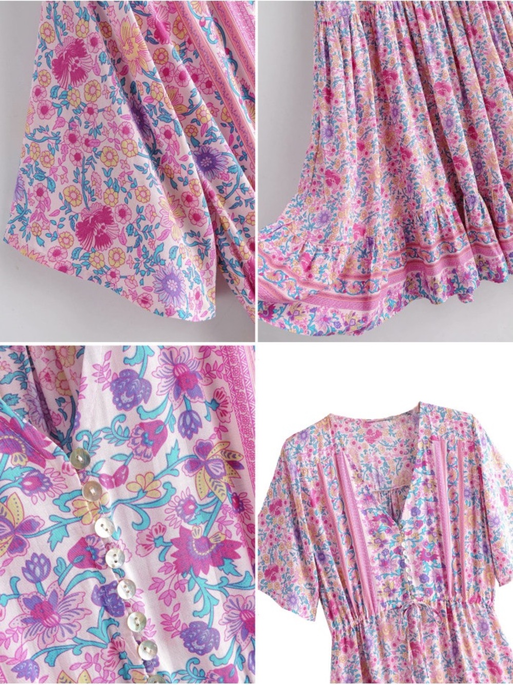 Pink Floral V-Neck Maxi Dress with Short Sleeves - Picture 15 of 16